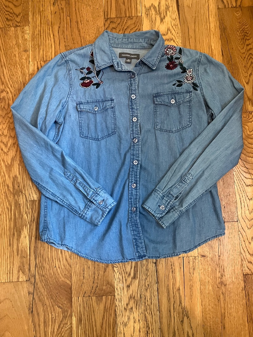 Alexander Jordan Denim Floral Embroidery Button Up Tunic Women’s M Medium